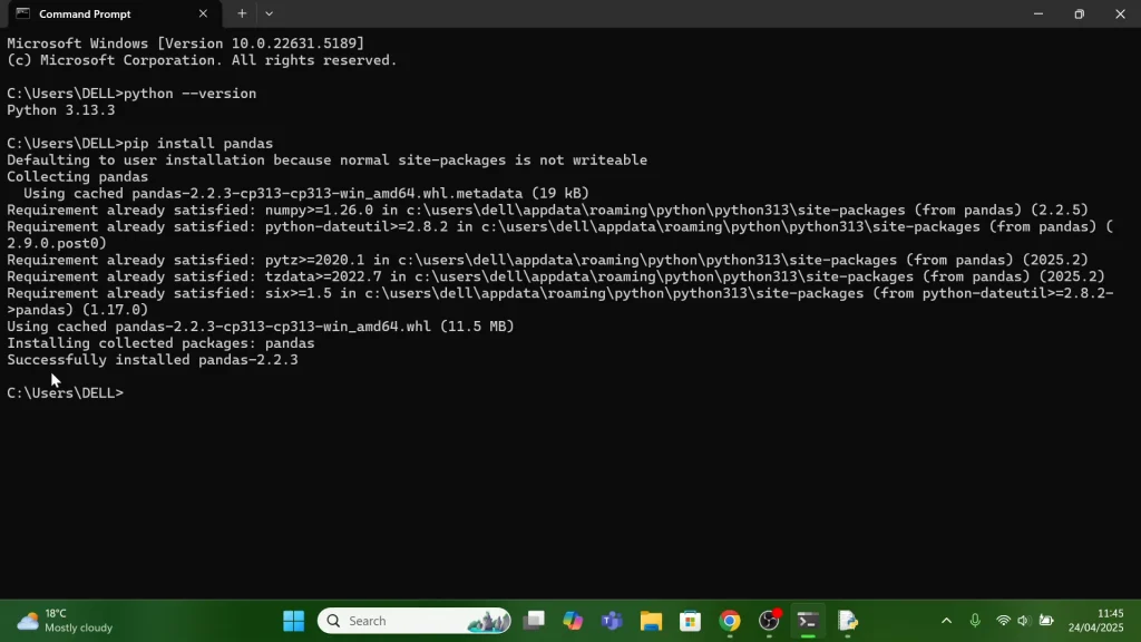 Install Pandas On Python 3.13.3