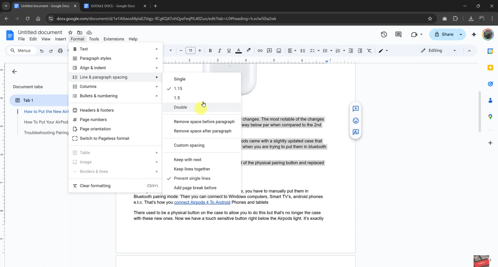 Perform Double Line Spacing In Google Docs