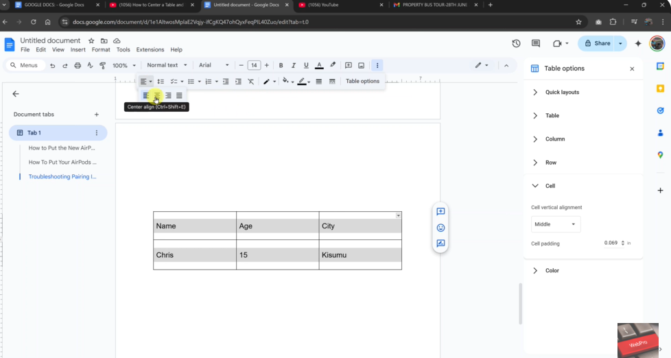 How To Center Align Text In Google Docs Table