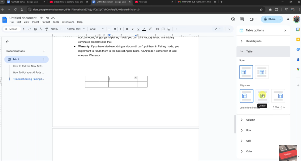 How To Centre Align a Table In Google Docs