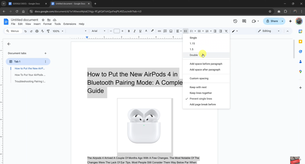 How To Double space In Google Docs